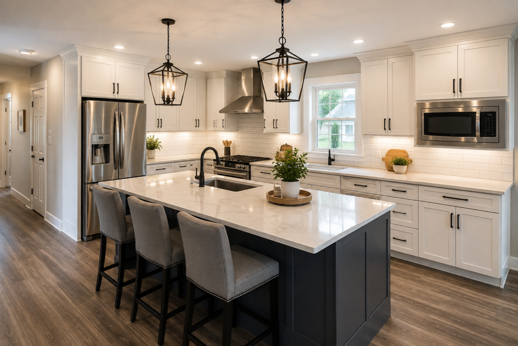 Modern kitchen remodeling project with new cabinets and island